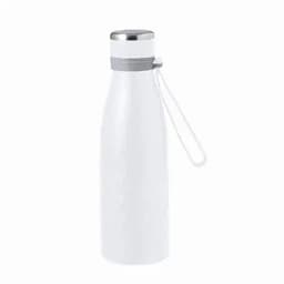 A drink bottle in white with a stainless steel cap and a grey strap. Includes a branding logo.