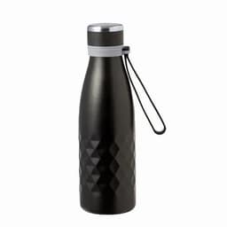A drink bottle in black with a geometric design, featuring a metallic cap and a carrying strap.