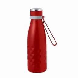 A drink bottle in red with a textured diamond pattern and a silver cap, featuring a carry loop.