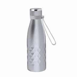 A drink bottle in silver with a textured diamond pattern and a carrying loop. Features a sleek metallic finish.