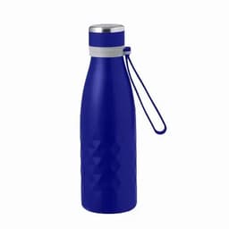 A drink bottle in a vibrant blue colour with a textured surface and a silver metallic lid, featuring a loop for easy carrying.