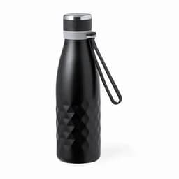 A drink bottle in a sleek black finish with a textured diamond pattern and a detachable strap. It features a silver lid.