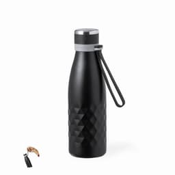 A drink bottle in matte black with a textured diamond pattern, featuring a silver lid and a carry strap.