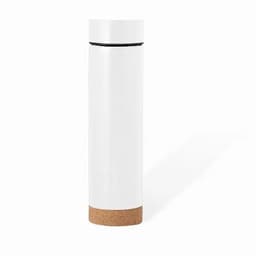 A drink bottle in white with a cork base and a sleek design, featuring a logo on the surface.