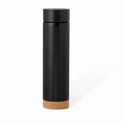 A drink bottle in sleek black with a cork base and a simple, modern design, featuring a logo.