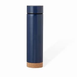 A drink bottle in navy blue with a cork base and a sleek cylindrical design. It features a logo.