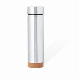 A drink bottle with a shiny stainless steel body and a cork base, featuring a sleek design and a logo.