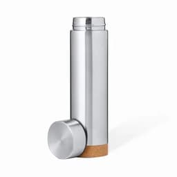 A drink bottle in silver stainless steel with a cork base and a screw-on lid. It features a sleek cylindrical design.
