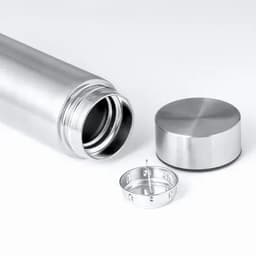 A stainless steel drink bottle with a removable cap and lid, featuring a sleek, metallic finish.