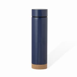 A drink bottle in navy blue with a cork base, featuring a sleek, cylindrical design and a matching lid.