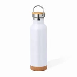 A drink bottle with a white body, cork base, and metal lid featuring a handle. It has a sleek, modern design.