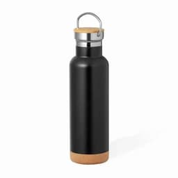 A drink bottle in matte black with a stainless steel cap and a cork base, featuring a metal loop for carrying.