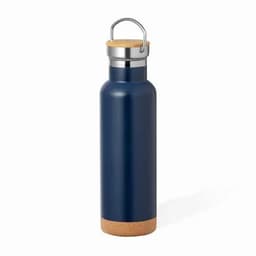A drink bottle in navy blue, featuring a cork base and a stainless steel cap with a handle.