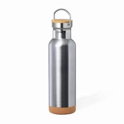 A drink bottle with a sleek silver stainless steel body and a cork base, featuring a metal cap with a handle.