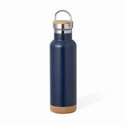 A drink bottle in navy blue with a silver lid and cork base, featuring a handle and a branding logo.