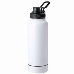 A drink bottle in white with a black lid and handle, featuring a simple design and a branding logo.