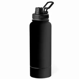 A drink bottle in matte black with a black cap and a handle for easy carrying. It has a logo on the side.
