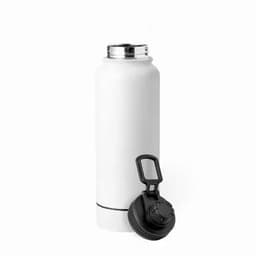 A drink bottle in white with a black lid and a handle for easy carrying. It features a sleek design.