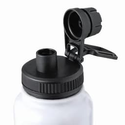 A drink bottle with a clear body and black screw-on lid featuring a flip-top cap.