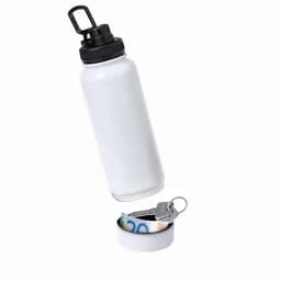 A white drink bottle with a black lid, featuring a hidden compartment and a locking mechanism.