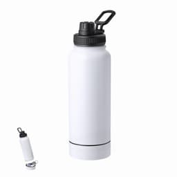 A drink bottle featuring a white body and a black lid, with a black carry handle and a removable base.