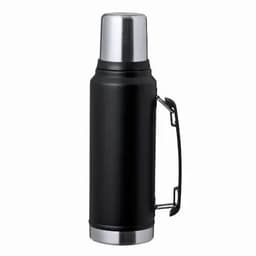 A drink bottle in black with a silver lid and handle, featuring a stainless steel base.