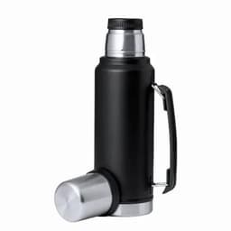 A drink bottle in black with a silver base, featuring a screw-on lid and a handle for easy carrying.