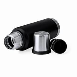 A drink bottle in black with stainless steel accents, accompanied by two detachable lids.