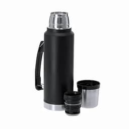 A drink bottle in black with a silver base and lid, including two removable cups. Features a handle and branding.