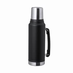 A drink bottle with a matte black finish and a stainless steel top, featuring a side handle for easy carrying.