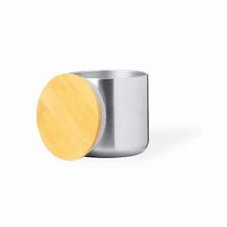 A drink bottle and cup set in silver with a wooden lid, featuring a round shape and a sleek design.