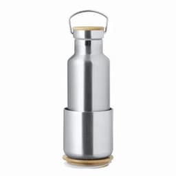 A drink bottle made of stainless steel with a wooden lid and base, featuring a sleek silver finish.