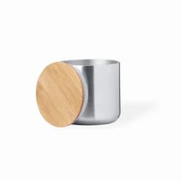 A drink bottle with a shiny silver body and a bamboo lid. It features a simple, modern design.