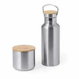 A drink bottle and a container in silver stainless steel with wooden lids. The bottle features a metal handle.