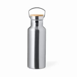 A drink bottle in sleek silver stainless steel with a wooden cap and a metal handle. Features a simple design.
