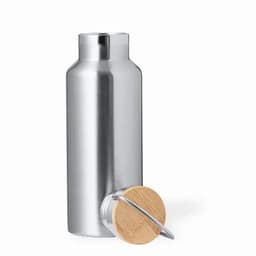 A drink bottle made of stainless steel with a wooden cap and metal attachment. It features a sleek, silver finish.