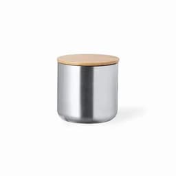 A drink bottle with a stainless steel body and a light wooden lid, featuring a simple, modern design.