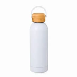 A drink bottle in white with a wooden lid and handle, featuring a logo on the body.
