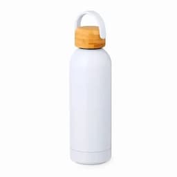 A drink bottle in matte white with a wooden lid and a handle. It features a sleek, modern design.