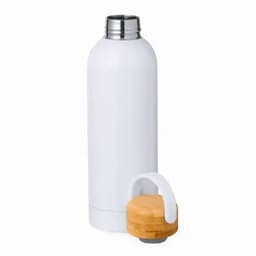 A drink bottle in white with a wooden cap, featuring a sleek design and a logo.
