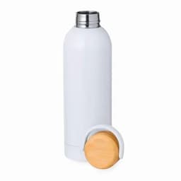 A drink bottle in white with a stainless steel lid and a wooden base. It features a logo on the side.