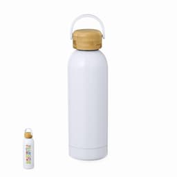 A drink bottle in white with a bamboo lid and a small bottle beside it. The larger bottle features a logo.