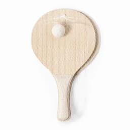 A wooden paddle bat with a small white ball, featuring a simple, natural finish. The bat has a rounded shape.