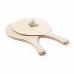 Two wooden paddles with a small ball resting on top, featuring a natural finish and smooth edges.