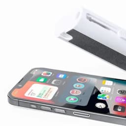 A smartphone displayed with a white protective case partially on. The screen shows various app icons and widgets.