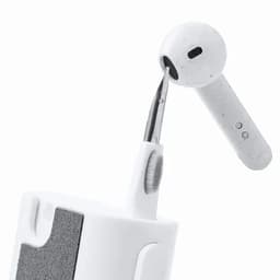 A white earbud partially inserted into a compact storage case, featuring a sleek design and grey accents.