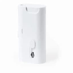 A drink bottle in white with a simple design and a logo, featuring a small nozzle at the base.