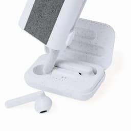 A pair of white wireless earbuds inside a white charging case with a textured outer surface. The case has a logo.