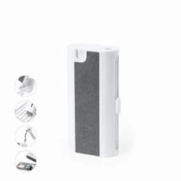 A white phone case with a textured black panel. It has a logo and features clips for added functionality.