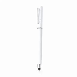 A pen in white with a silver clip and tip, featuring a sleek design and minimalist style.